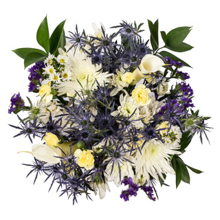 white, purple and blue flower bouquet