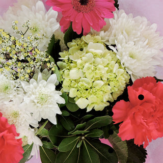 Green, pink and white flowers bouquet