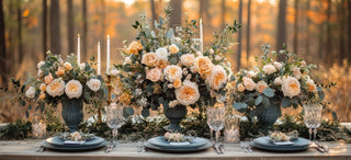 Elegant wedding reception table with lush white floral arrangements and hanging greenery, perfect inspiration for DIY wedding flower planning