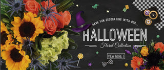 Dramatic Halloween floral arrangement with dark burgundy dahlias, dried florals, and moody fall blooms from Bloomingmore