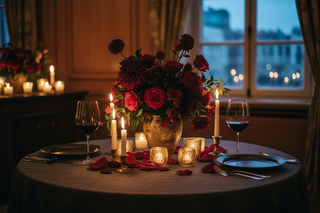 Moody romantic anniversary dinner table for two with a centerpiece of deep red roses and burgundy dahlias, two wine glasses, glowing candles, and rose petals scattered on dark linen