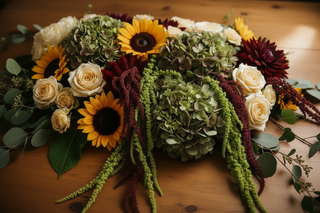Lush early autumn flower arrangement featuring farm-fresh sunflowers, deep burgundy dahlias, antique green hydrangeas, spray roses, eucalyptus, and cascading burgundy and green amaranthus on a rustic wooden surface