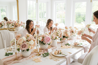 Women in robes laughing and arranging blush roses and peonies at a beautifully styled bachelorette party tablescape with farm-fresh flowers from Bloomingmore