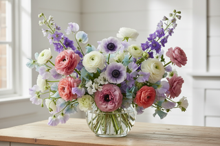 Pisces zodiac flowers - lavender ranunculus, blush roses, pink hydrangeas and strawflowers bouquet in a vase - farm-fresh flowers by Bloomingmore