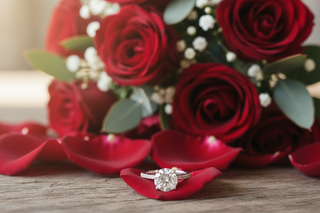 Close-up of a sparkling diamond engagement ring resting on scattered red rose petals, with a lush bouquet of deep red roses, baby's breath, and eucalyptus softly blurred in the background