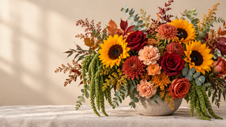 Stunning Thanksgiving floral cornucopia centerpiece with bronze mums, burgundy carnations, and candles on a rustic holiday table from Bloomingmore