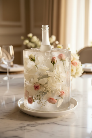 DIY floral ice bottle chiller with fresh rose petals and flowers frozen in clear ice keeping a champagne bottle cold from Bloomingmore