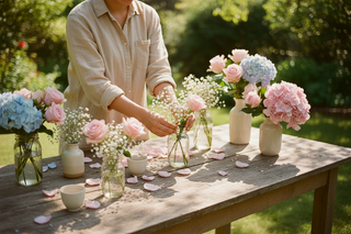 Person arranging pink roses, blue hydrangeas, and baby's breath in mason jars on an outdoor wooden table for a gender reveal party, with rose petals scattered around