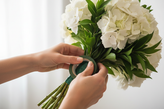 Hands arranging fresh white hydrangeas and green ruscus into a hand-tied bouquet secured with green floral tape