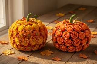 Two DIY flower pumpkin centerpieces side by side one made of orange and yellow pompom mums and one made of orange crush roses on a rustic fall table