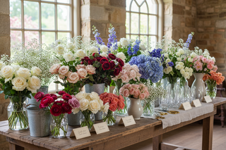 DIY Blooming Bar flower station setup with fresh farm-direct roses, hydrangeas, eucalyptus, and mixed blooms for weddings, bridal showers, and events from Bloomingmore