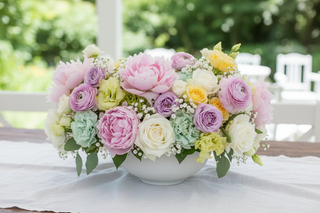 Whimsical bridal shower centerpiece in a soft pastel rainbow palette with blush, lavender, yellow, mint, and white peonies, ranunculus, lisianthus, and spray roses in a low white vase