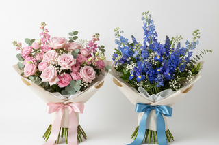 Pink and blue mixed flower gift bouquets side by side wrapped in ivory kraft paper for a gender reveal gift