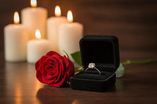 Open black velvet ring box with a diamond engagement ring beside a single deep red rose on a warm wooden surface with white pillar candles glowing softly in the background
