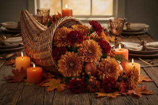 Stunning finished DIY holiday floral cornucopia centerpiece overflowing with bronze football mums and burgundy carnations on a Thanksgiving table