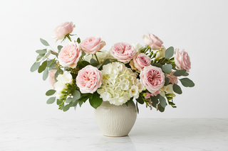Taurus zodiac flowers - Juliet garden roses, pink roses, white hydrangeas and freesia bouquet in a vase - farm-fresh flowers by Bloomingmore