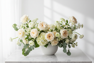 Virgo zodiac flowers - garden roses, white hydrangeas, butterfly ranunculus and ammi majus bouquet in a vase - farm-fresh flowers by Bloomingmore