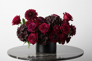 Scorpio zodiac flowers - deep purple roses, burgundy dahlias, dark hydrangeas and cremon mums bouquet in a vase - farm-fresh flowers by Bloomingmore