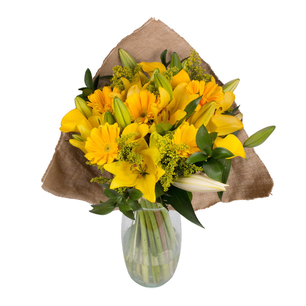 Yellow flowers bouquet golden bloom with burlap