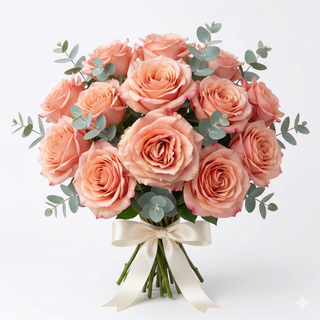 Bouquet of pink peach garden roses with a white cream  ribbon and eucalyptus on a light background