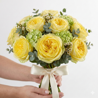 Bouquet of yellow catalina garden roses with hydrangeas waxflower and eucalyptus greenery with cream ribbon held by hands on a light white background
