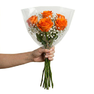 Hand holding a bouquet of orange roses with clear plastic wrap on a white background