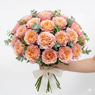 Bouquet of pink and peach mayra peach garden roses with a white ribbon on a light background held by a hand
