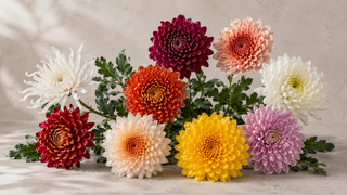 Colorful chrysanthemums arranged on a light beige surface against a textured beige background. The flowers include white, red, orange, yellow, peach, and purple blooms with green leaves.
