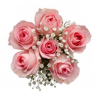 Bouquet of pink roses with small white flowers on a white background