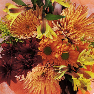 yellow alstroemerias, orange daisies, spider mums, flower bouquet