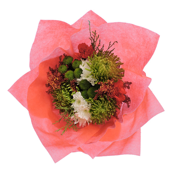 Green, red and white floral arrangement
