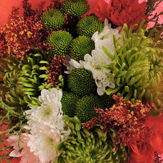 Green, white and red flowers bouquet