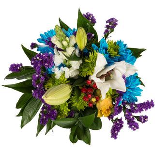 Blue, purple, green, yellow flowers bouquet