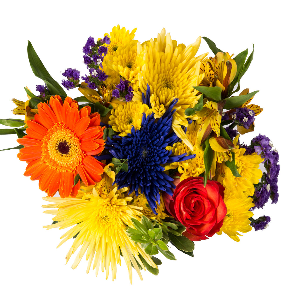 Orange, yellow, blue and purple flowers bouquet