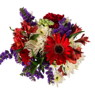 Red, white and purple flowers bouquet
