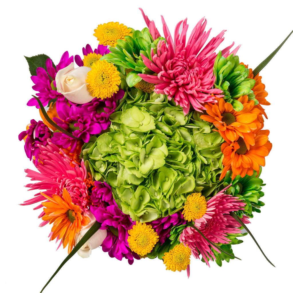 Green, pink, yellow and orange flower mixed bouquet