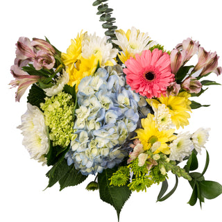pink, yellow, white, blue, green flowers bouquet