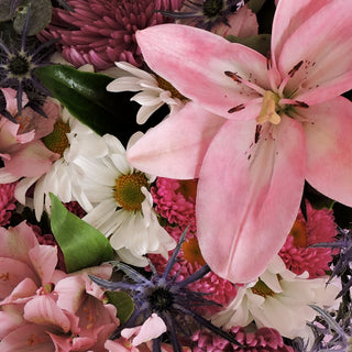 pink lilies, white daisies, eryngium, pink alstroemerias