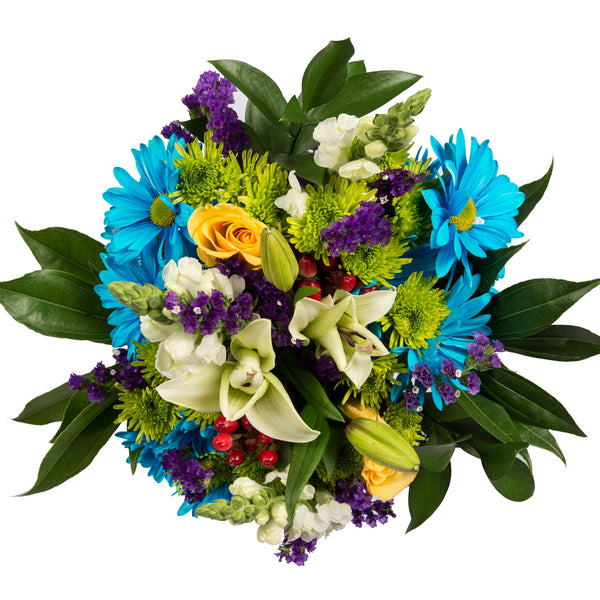 Blue daisies and white lilies bouquet