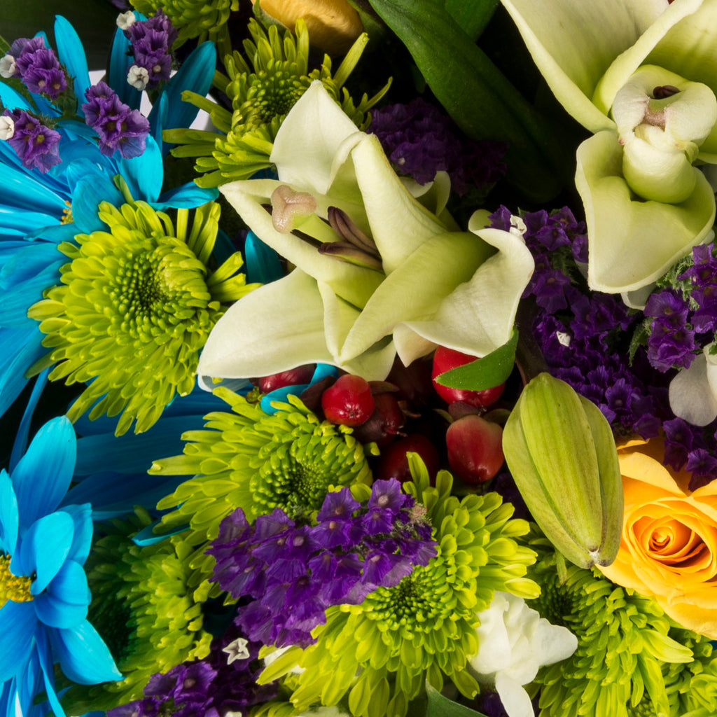 Blue, green, white and yellow flowers bouquet