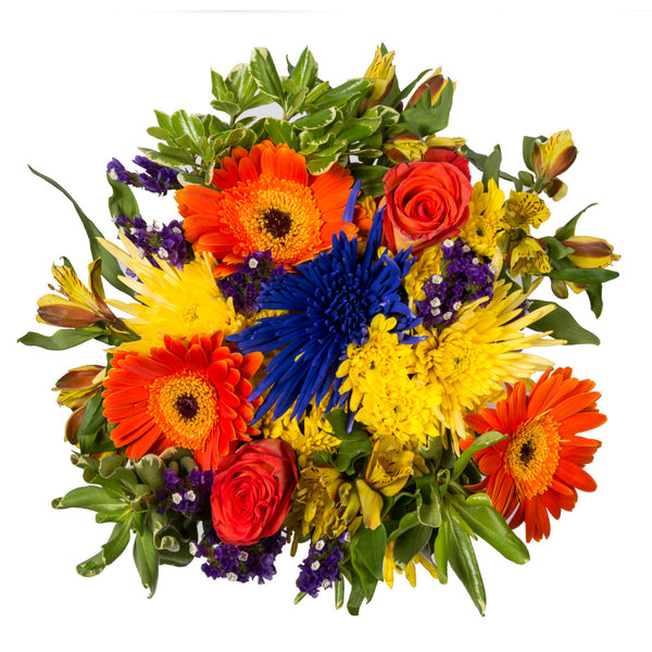 Orange Gerberas and roses, yellow and blue spider mums