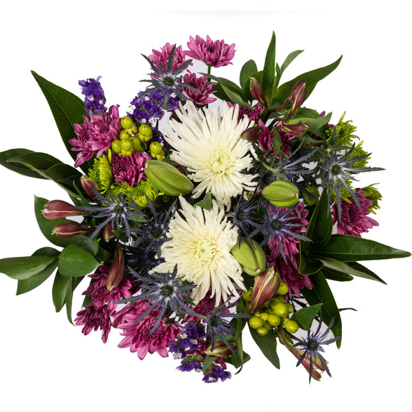Purple, white and green flowers bouquet