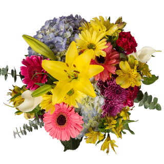 Pink, blue, and yellow flower assortment 