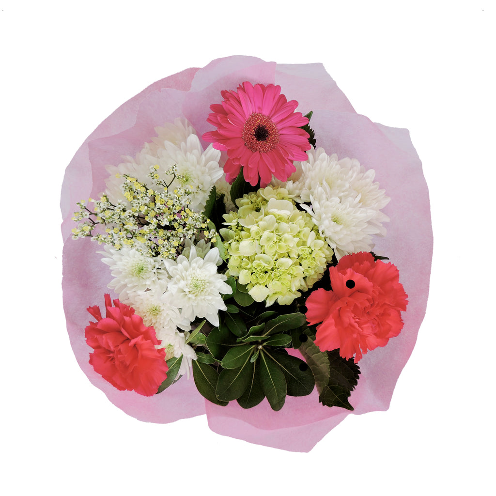 Pink, white and green flowers bouquet