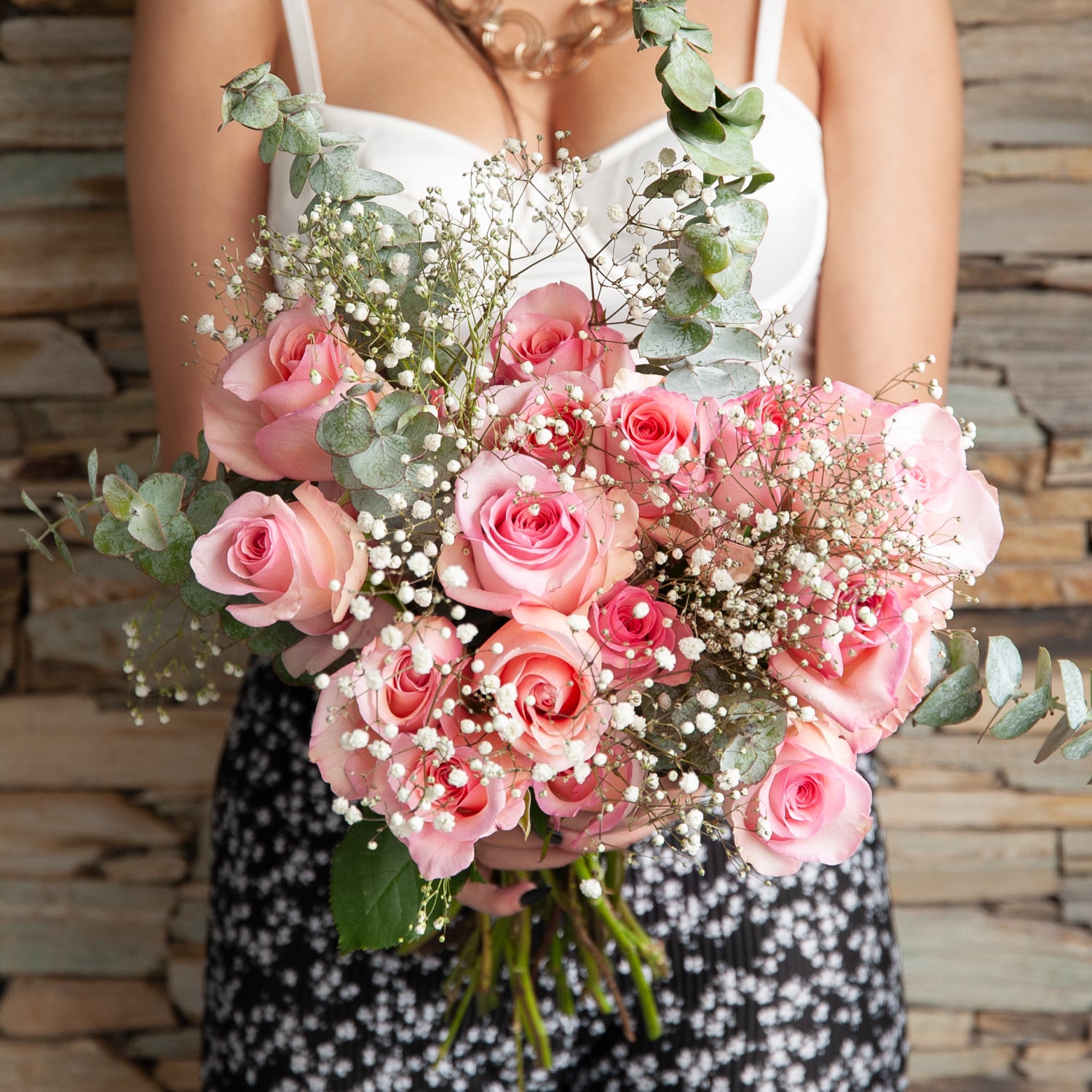Pink Rose and Baby's Breath Bridesmaid Bouquets